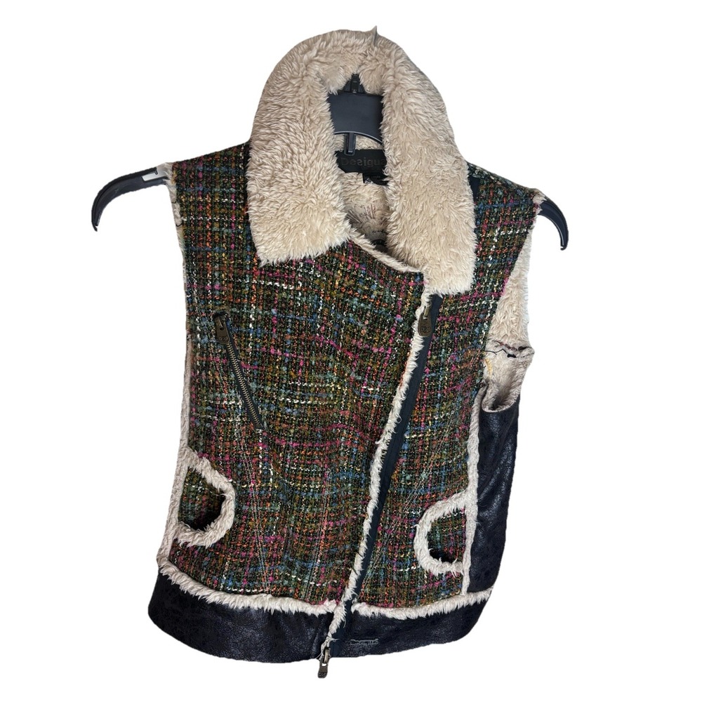 Desigual Faux Sherpa Tweed Moto Zip Up Women Vest Size S Bohemian